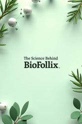 Minimalist green banner with scientific elements, leaves, and 'The Science Behind BioFollix' text