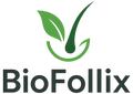 Green leaf and sprout logo above text BioFollix, symbolizing natural growth and health
