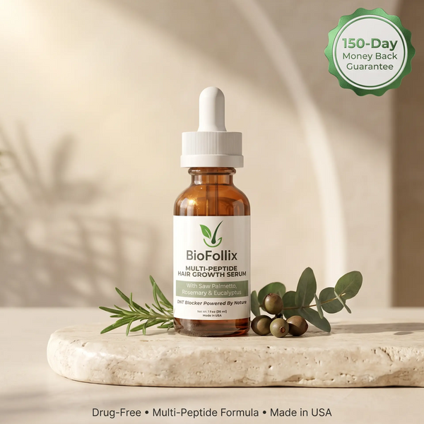 BioFollix Multi-Peptide Hair Growth Serum in an amber glass dropper bottle, styled on a stone slab with eucalyptus leaves and acorns against a warm beige background with a green '150-Day Money Back Guarantee' badge.